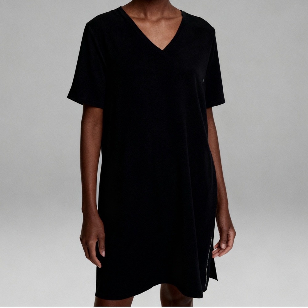 Eileen Fisher Textured Crepe V Neck Shift Dress‎ Minimalist Black size XS